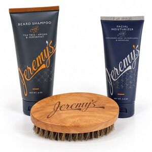 Jeremy's Razors Beard Shampoo Facial Moisturizer Beard Brush 3pc Set NEW RARE